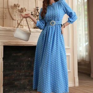 SHEIN: Blue & White Retro Modely Polka Dot 3/4 Three Quarter Sleeve Dress NWOT